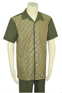 Pronti Olive / Taupe / Metallic Gold Lurex Embroidered Short Sleeve Outfit SP6396