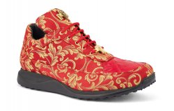 Mauri "8900/2" Red / Gold Genuine Crocodile / Gobelins Fabric Casual Sneakers.