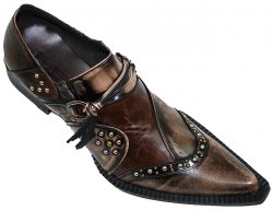 Zota Coffee Pointed Toe Leather Shoes With Metal Studs And Leather Laces On Side Buckle G883A