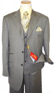 Mantoni Grey/Beige Pinstripes Super 140's 100% Virgin Wool Vested Suit 66021