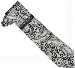 Steven Land Collection "Big Knot" SL090 Black / White Paisley Design 100% Woven Silk Necktie / Hanky Set