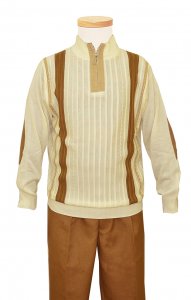 Steve Harvey Cream / Brown / Tan Front Zipper Long Sleeve 2 PC Knitted Silk Blend Outfit Set 6318