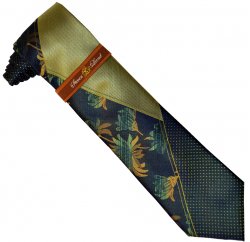 Steven Land Collection W664 Olive / Navy Blue Flower Design 100% Woven Silk Necktie / Hanky Set
