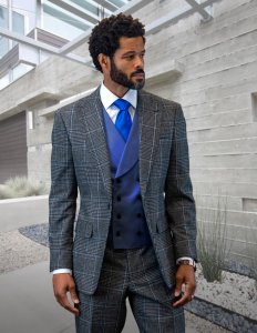 Statement "Benson" Indigo Blue / Black / White Cashmere Wool Vested Modern Fit Suit