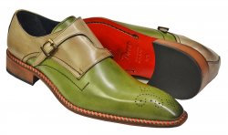 Duca 2030 Olive Green / Tan Painted Italian Calfskin Criss-Cross Double Monk Strap Shoes