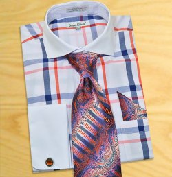 Daniel Ellissa White / Navy / Red Windowpanes Shirt / Tie / Hanky Set With Free Cufflinks DS3771P2