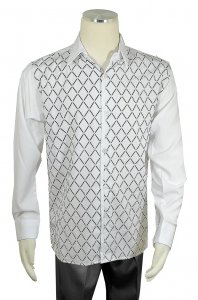 Pronti White / Black / Metallic Silver Diamond Design Long Sleeve Shirt S6447