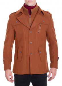 De-Niko Camel Wool Blend Single Breasted Pea Coat / Zip-Out Lining MW1426