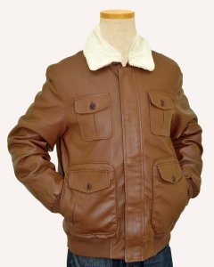 Silversilk Chestnut Brown Faux Leather Bomber Jacket With White Faux Fur Collar 1064