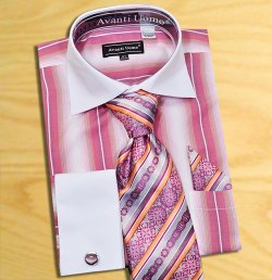 Avanti Uomo Fuschia / White Pinstripes Design Shirt / Tie / Hanky Set With Free Cufflinks DN59M