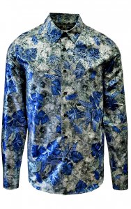 Stacy Adams Metallic Silver / Blue Floral Paisley Long Sleeve Shirt 7530