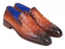 Paul Parkman "5576-BRW" Brown Genuine Calfskin / Crocodile Embossed Leather Loafers.