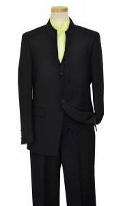 Rossi Man "Mandarin RM201" Black With Black Pick Stitching Super 150's Wool U-Neck Vested Classic Fit Suit