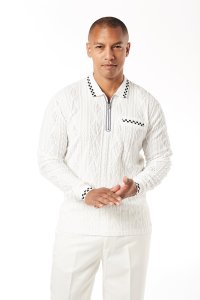 Stacy Adams White / Black Velour Cotton Blend Long Sleeve Polo Shirt 1304