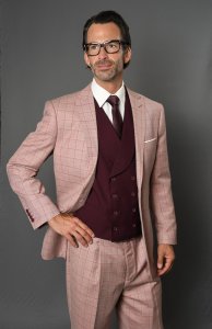 Statement "Beverly" Salmon / Wine / Beige Windowpane Super 150's Wool Vested Classic Fit Suit