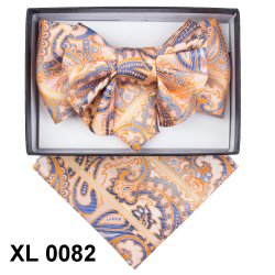 Vittorio Vico Peach / Slate Blue / Orange Paisley Design Double Layered 100% Silk Bow Tie / Hanky Set XL0082