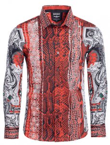 Barabas Red / Black Cotton Crystal Studded Greek Design Long Sleeve Shirt SPR962