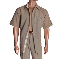 Giorgio Inserti Khaki Tan / Brown / Black Houndstooth Design Button Up 2 Piece Short Sleeve Outfit With Sleeve Epaulets 737