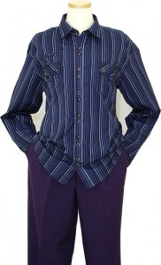 Manzini Midnight Blue With Black / Grey / Violet Stripes 100% Cotton Casual Long Sleeves Shirt