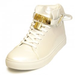 Encore By Fiesso White Patent Leather High Top Sneakers With Lock / Key Lace Locks FI2247