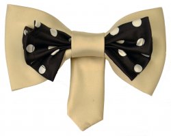 Vittorio Vico Cream / Chocolate Brown With Cream Polka Dot Double Layered Design 100% Silk Bow Tie / Hanky Set XB517
