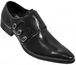 Encore By Fiesso Black Genuine Italian Calf Leather Loafer Shoes With Triple Buckle Monk Strap FI3051.