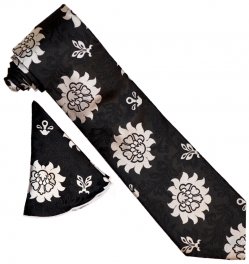 Verse 9 Black / Silver Grey / White Floral Design Silk Necktie / Hanky Set NS1013