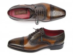 Paul Parkman 024 Camel / Olive Genuine Italian Calfskin Captoe Oxford Hand-Painted Shoes