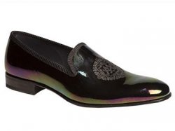 Mezlan "Sardi" Black Rainbow Marbelized Petrol Calfskin Penny Loafer Shoes With Crest Accents
