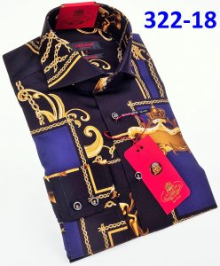 Axxess Navy / Gold Medusa Design Cotton Modern Fit Dress Shirt With Button Cuff 322-18.