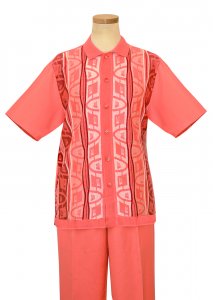 Silversilk Coral Pink / Fuchsia / White Geometric Design Button Up 2 Piece Short Sleeve Knitted Outfit 9302