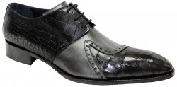 Duca Di Matiste "Valentano" Grey / Black Genuine Italian Calfskin / Crocodile Print Lace-Up Derby Shoes.