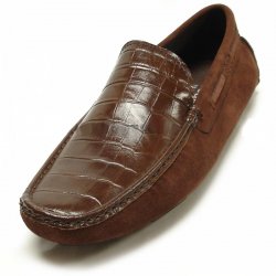 Encore By Fiesso Brown Alligator Print Leather / Suede Loafer Shoes FI3095