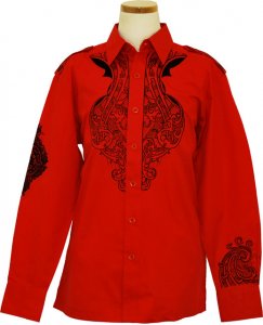 Prestige Red With Black Embroidery 100% Cotton Long Sleeve Casual Shirt COT-152