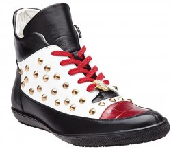 Belvedere "Vale" Black / White / Red Genuine Crocodile And Soft Italian Calf Ankle Designer Boots With Stud / Alligator Head 33018