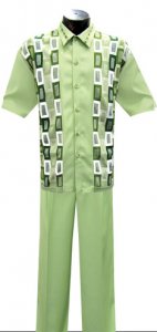 Silversilk Avacado with Emerald / White / Lime Rectangular Design 2 Pc Knitted Silk Blend Outfit # 1823