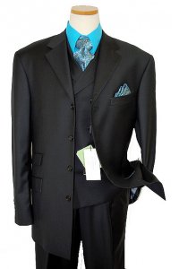 Steve Harvey Collection Solid Black with Double Breasted Vest Super 120's Merino Wool Suit
