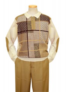 Stacy Adams Cream / Brown / Tan Woven Zip-Up Knitted Sweater Outfit With Tan Elbow Patches 8225