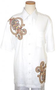 Prestige 100% Linen White With Gold/Red Embroidered Design & Rhine Stones Outfit EMB9217