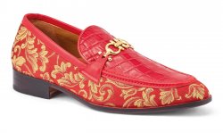 Mauri "Wealth" Red Genuine Alligator / Gobelins Fabric / Calf-Skin Leather Horsebit Loafer Shoes 4954.