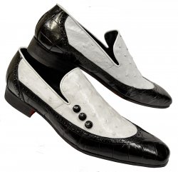 Mauri 4875 Black / White Genuine Alligator / Ostrich Spat-Style Loafer Shoes