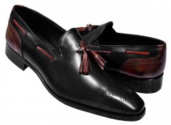 Duca Di Matiste Black / Burgundy Burnished Italian Calfskin Leather Loafers With Tassels 01866