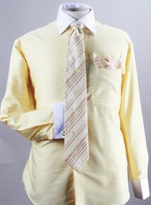 Avanti Uomo Corn Horizontal Stripe Two Tone Shirt / Tie / Hanky Set With Free Cufflinks DN55M