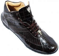 Giorgio Brutini Dark Chocolate Alligator / Lizard Print Casual Sneakers Boots With Silver Alligator Head on Laces And Tongue 200032