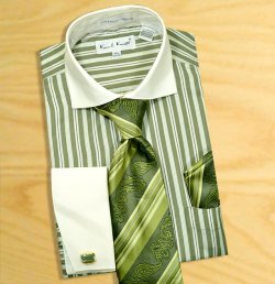 Karl Knox Money Green / Cream Pinstripes Design Shirt / Tie / Hanky Set With Free Cufflinks SX4283