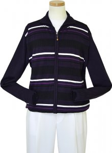 Pronti Violet / White / Black Horizontal Striped Zip-Up Sweater Mock Neck Sweater K-1682
