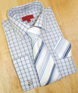 Jean Paul White/Navy Blue Checked Shirt/Tie/Hanky Set JPS-18
