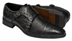 Tayno "Roma" Black Ostrich Print Vegan Leather Double Monk Strap Loafers