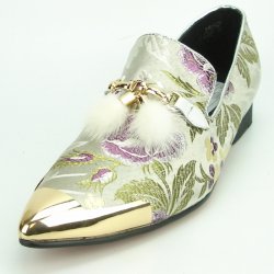 Fiesso White Floral Genuine Leather with Golden Bracelet Metal Tip Slip-On FI7250.