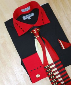 Fratello Black/Red w/ Dash Design Shirt/Tie/Hanky Set DS3721P2